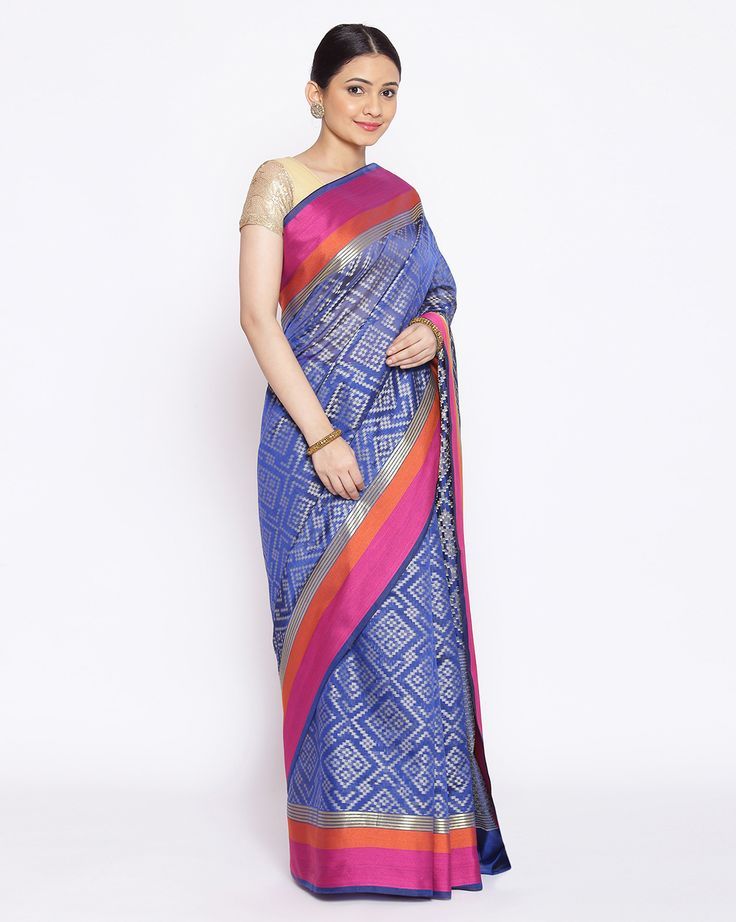 Royal Blue Woven Silk Saree with Geometric Motifs & Multicolor Border