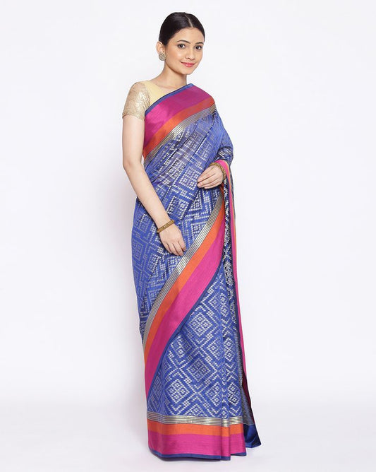 Royal Blue Woven Silk Saree with Geometric Motifs & Multicolor Border